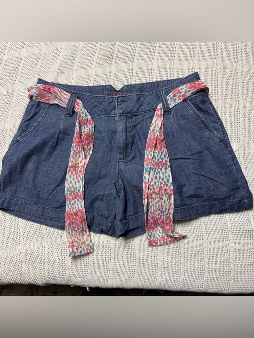 Elle Women’s Blue Denim Shorts with Pink Floral Sash